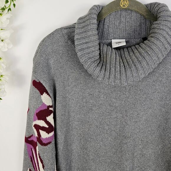 CAbi Eden Pullover Turtleneck Knit Sweater Gray Floral Flare Sleeve Large Casual - Picture 7 of 14